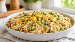Creamy slow cooker chicken and rice with tender shredded chicken, vegetables, cheddar, and parsley in a white bowl.