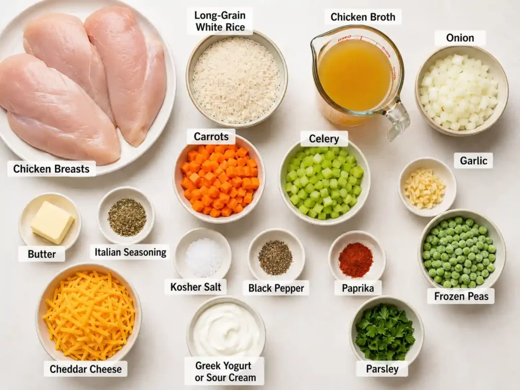 Labeled ingredients for slow cooker chicken and rice including chicken, long-grain rice, broth, vegetables, cheddar, Greek yogurt, and seasonings.