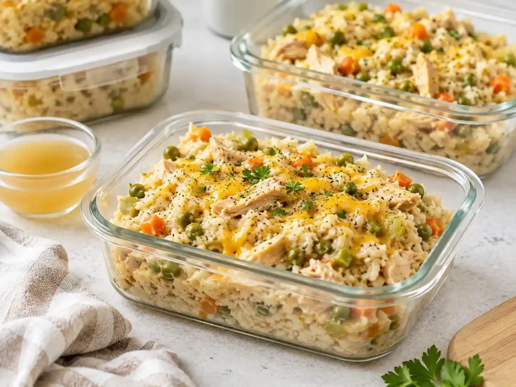 Creamy slow cooker chicken and rice packed in glass storage containers with parsley and extra broth on the side.