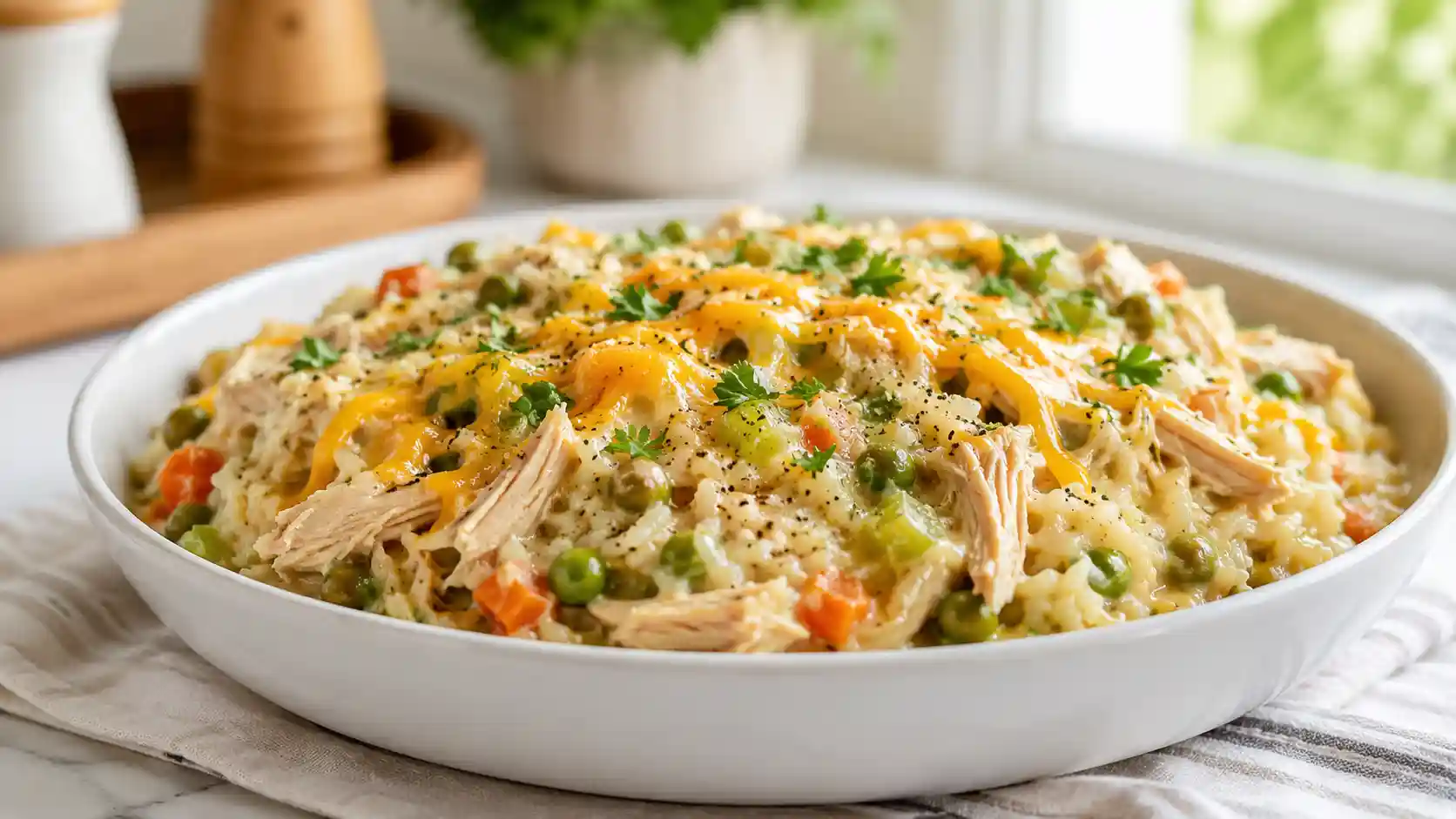 Creamy slow cooker chicken and rice with tender shredded chicken, vegetables, cheddar, and parsley in a white bowl.