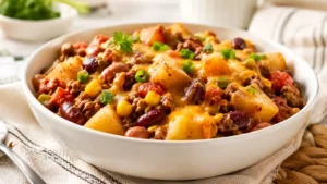 Slow cooker cowboy casserole served in a white bowl with ground beef, potatoes, beans, corn, tomatoes, melted cheese, and green onions.