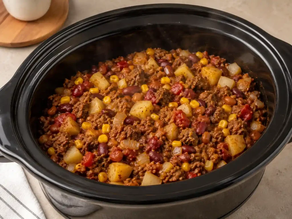 Slow cooker filled with cowboy casserole ingredients including browned ground beef, potatoes, beans, corn, tomatoes, onion, garlic, and seasonings before cheese is added.