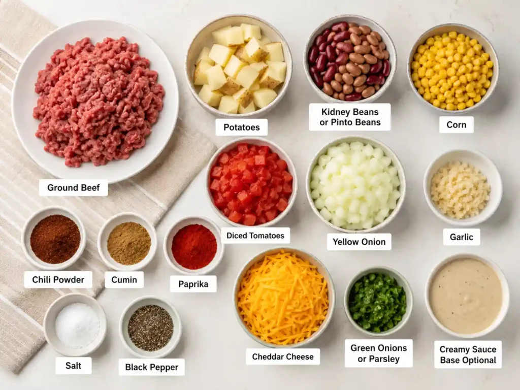 Labeled ingredients for slow cooker cowboy casserole including ground beef, potatoes, beans, corn, tomatoes, onion, garlic, seasonings, and cheddar cheese.