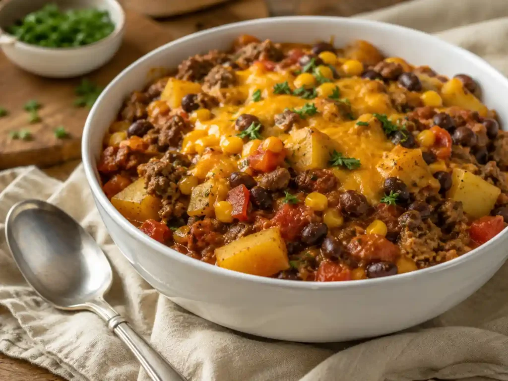 A spoonful of slow cooker cowboy casserole showing a thick scoopable texture with ground beef, potatoes, beans, corn, tomatoes, and melted cheese.