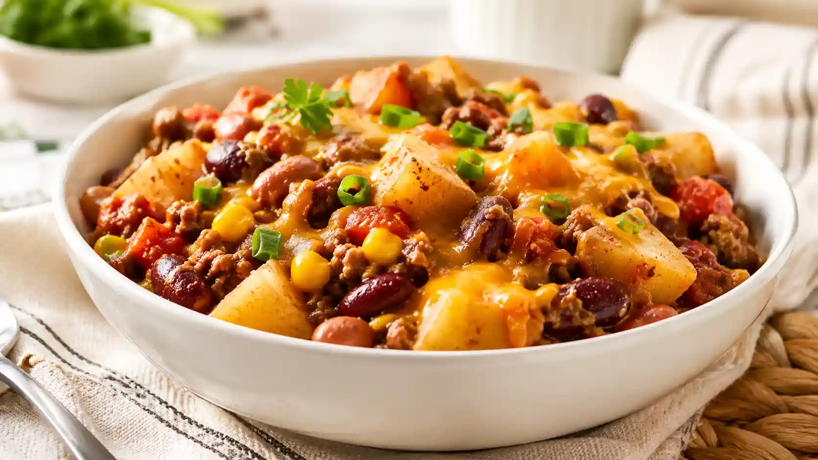 Slow cooker cowboy casserole served in a white bowl with ground beef, potatoes, beans, corn, tomatoes, melted cheese, and green onions.