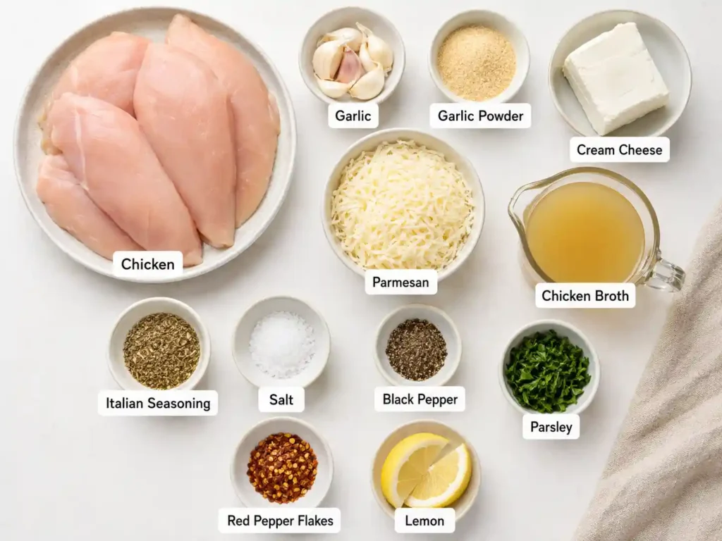 Labeled ingredients for slow cooker creamy garlic parmesan chicken including chicken, garlic, cream cheese, parmesan, broth, and seasonings.