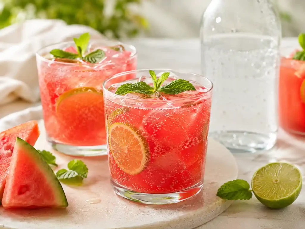 Sparkling watermelon juice with lime, mint, ice, and bubbles in clear glasses.