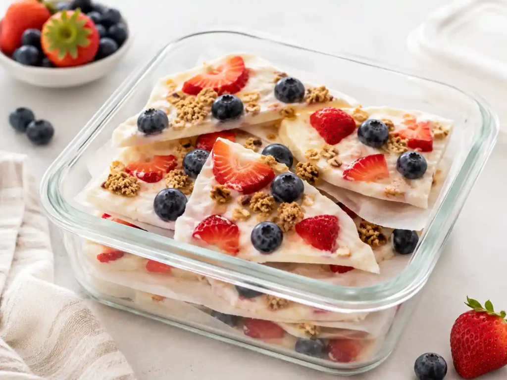 Frozen yogurt bark pieces stored in a freezer-safe container with parchment paper between layers
