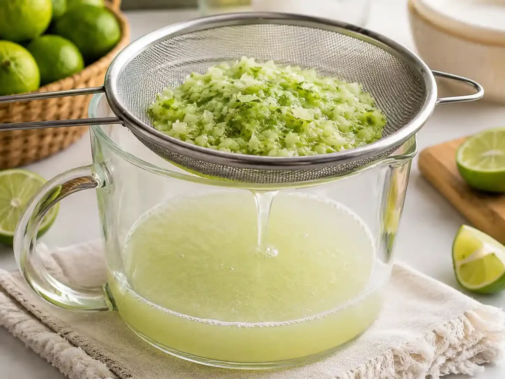 Lime mixture being strained through a fine mesh strainer for Brazilian lemonade.