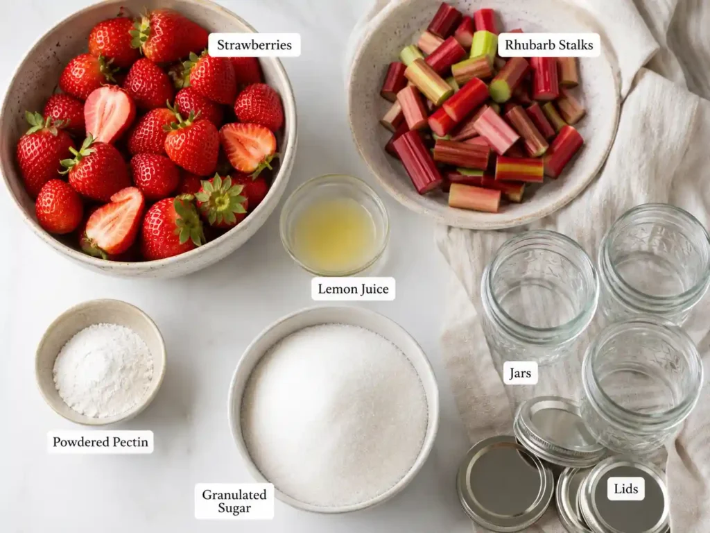 Labeled ingredients for strawberry rhubarb jam including strawberries, rhubarb stalks, lemon juice, powdered pectin, and granulated sugar.