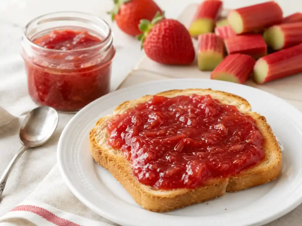 Strawberry rhubarb jam spread on toast with a jar of jam and fresh strawberries nearby.