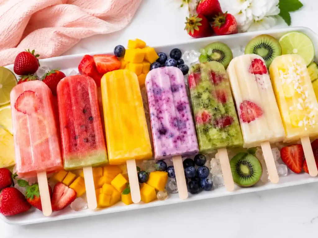 A tray of assorted homemade fruit popsicles in strawberry, watermelon, mango, berry, kiwi, banana, and pineapple flavors.