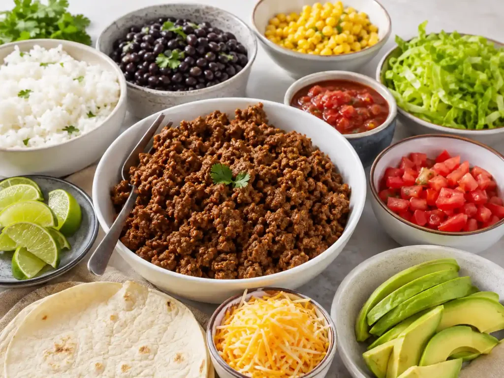 Taco-style crockpot ground beef served with rice, beans, corn, salsa, avocado, lettuce, lime, and tortillas.