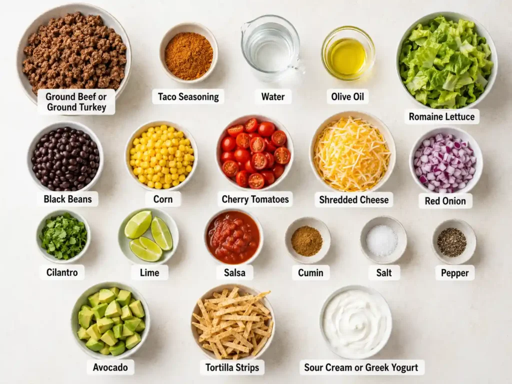 Labeled ingredients for taco salad bowls including ground beef, taco seasoning, romaine, black beans, corn, tomatoes, cheese, red onion, lime, salsa, and tortilla strips.