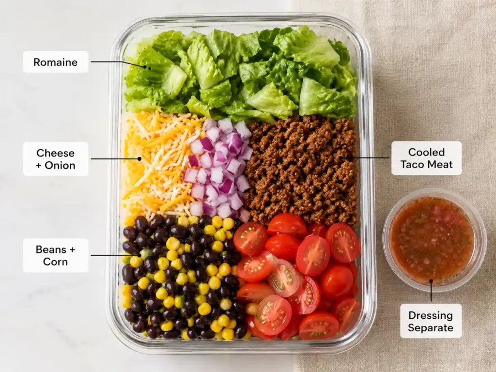 Taco salad meal prep container showing layers of beans, corn, tomatoes, taco meat, cheese, romaine, and separate dressing.