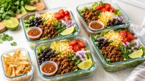 Taco salad bowls in meal prep containers with romaine, taco meat, black beans, corn, tomatoes, cheese, lime, and dressing cups.