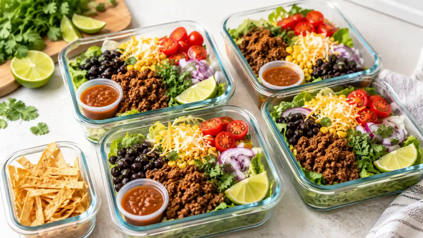 Taco salad bowls in meal prep containers with romaine, taco meat, black beans, corn, tomatoes, cheese, lime, and dressing cups.