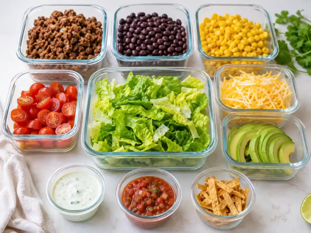 Taco salad meal prep containers with lettuce, seasoned filling, corn, tomatoes, cheese, dressing, avocado, and tortilla strips stored separately.