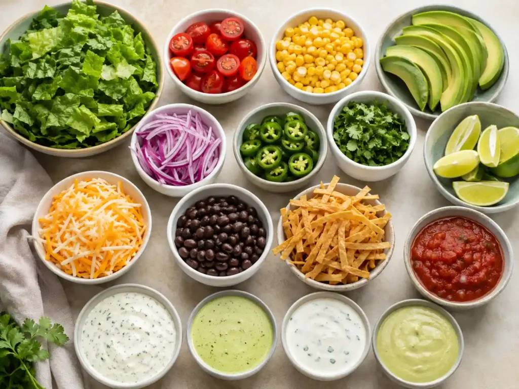 Taco salad toppings and dressings arranged in bowls with tomatoes, avocado, corn, jalapeños, cheese, tortilla strips, salsa, lime crema, and cilantro lime dressing.