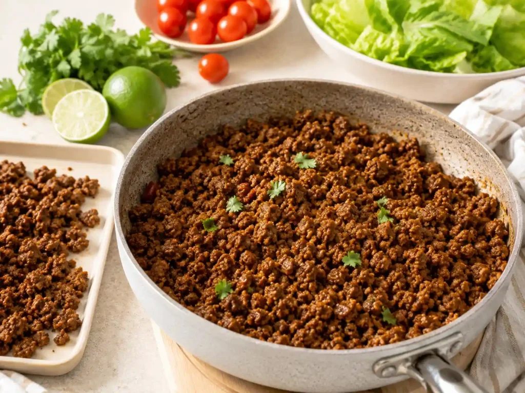 Taco-seasoned ground beef in a skillet with seasoning, ready to cool before assembling taco salad bowls.