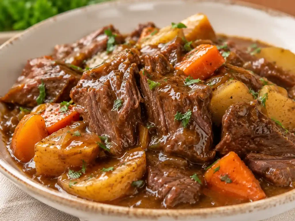 Close-up of tender slow-cooked beef, potatoes, carrots, and thick brown gravy with parsley.