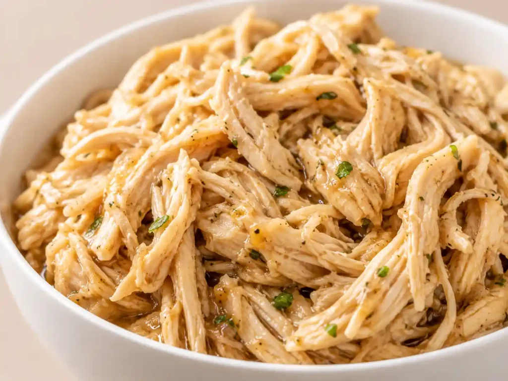 Sharp close-up of tender shredded crockpot chicken breast coated in sauce with herbs.
