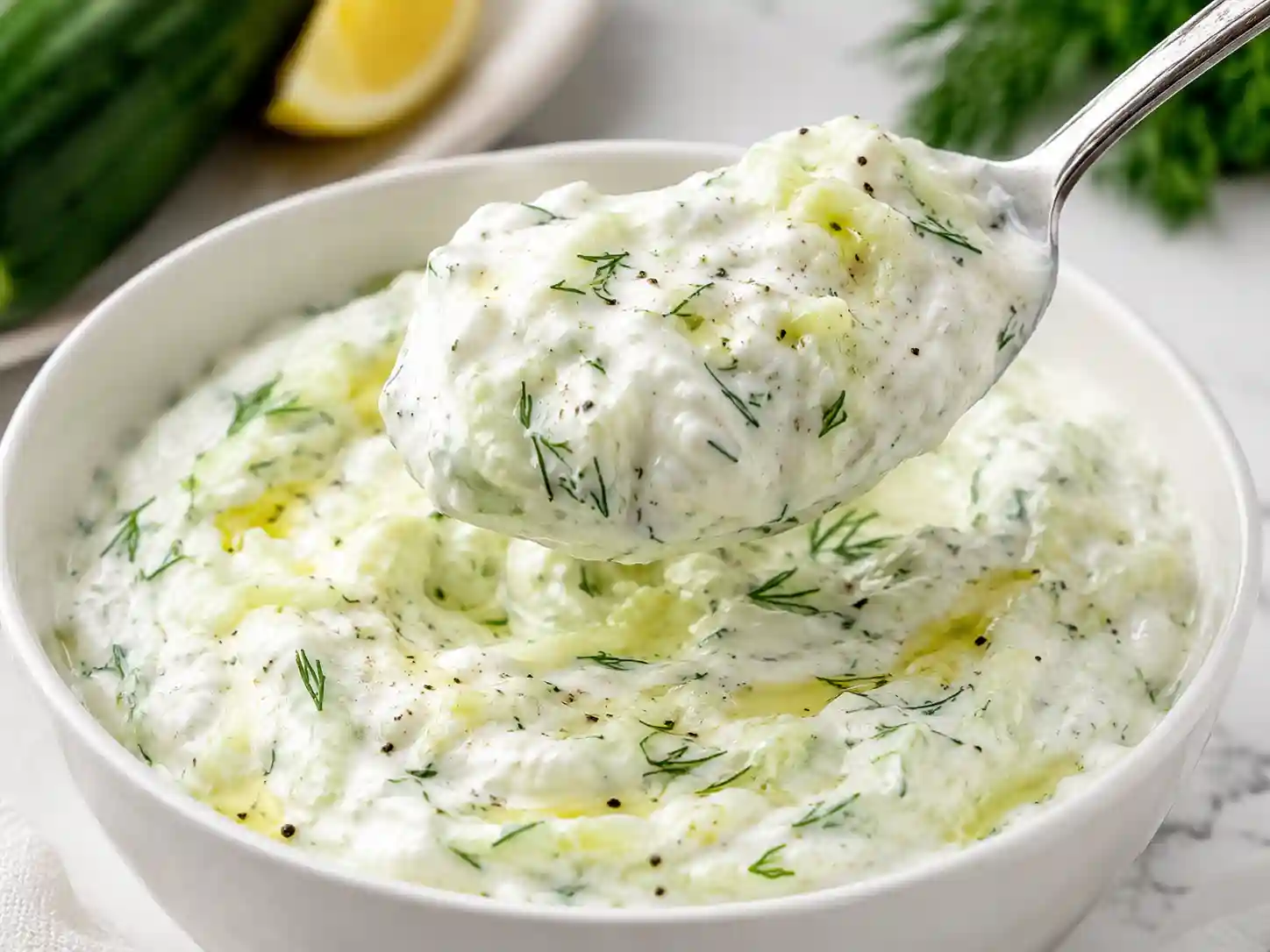 Close-up of thick creamy tzatziki sauce showing grated cucumber, fresh dill, and a spoonful of sauce.