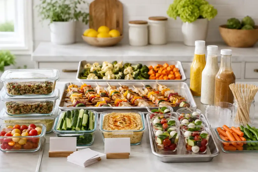 Three-day prep setup for make-ahead finger foods with containers, appetizer cups, skewers, labels, and serving trays