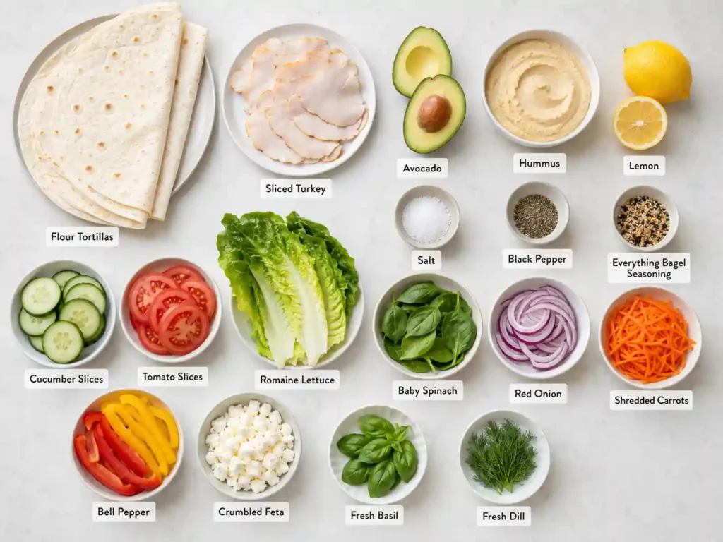 Labeled ingredients for turkey avocado wraps including tortillas, turkey, avocado, hummus, cucumber, tomato, greens, lemon, and optional add-ins.
