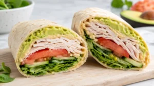 Turkey avocado wraps sliced in half with hummus, cucumber, tomato, greens, and sliced turkey.