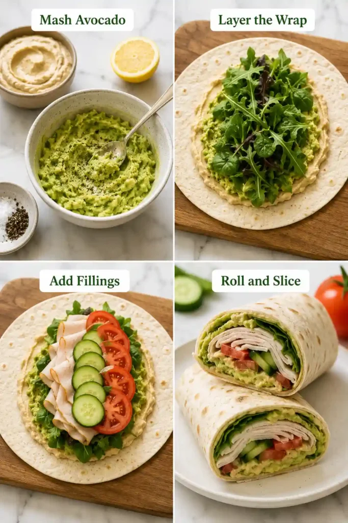 Step-by-step collage showing how to make turkey avocado wraps with hummus, greens, turkey, cucumber, and tomato.