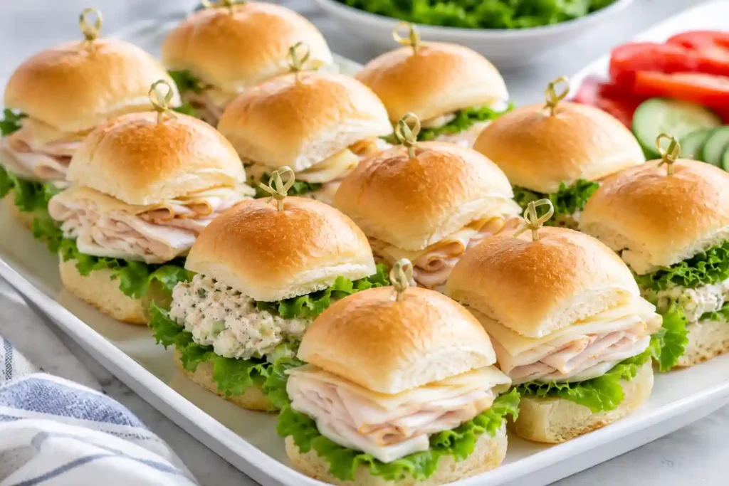 Turkey and chicken mini sandwiches on soft rolls for a party tray