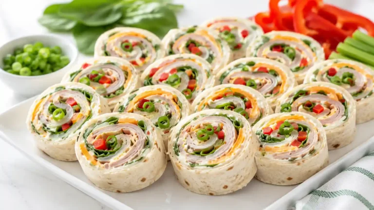 Turkey pinwheels arranged on a white party platter with crisp greens and colorful vegetables