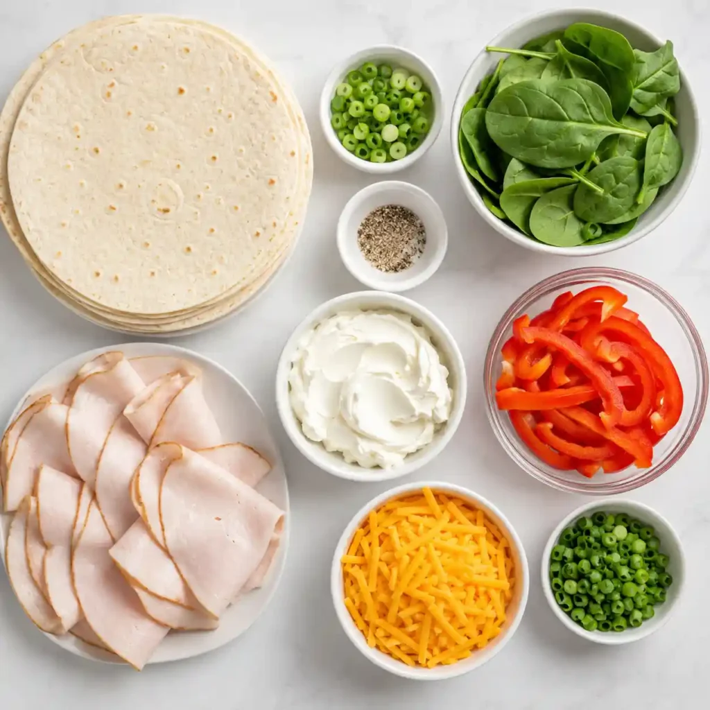 Ingredients for turkey tortilla pinwheels including tortillas, turkey breast, cream cheese, cheddar, spinach, bell peppers, and green onions