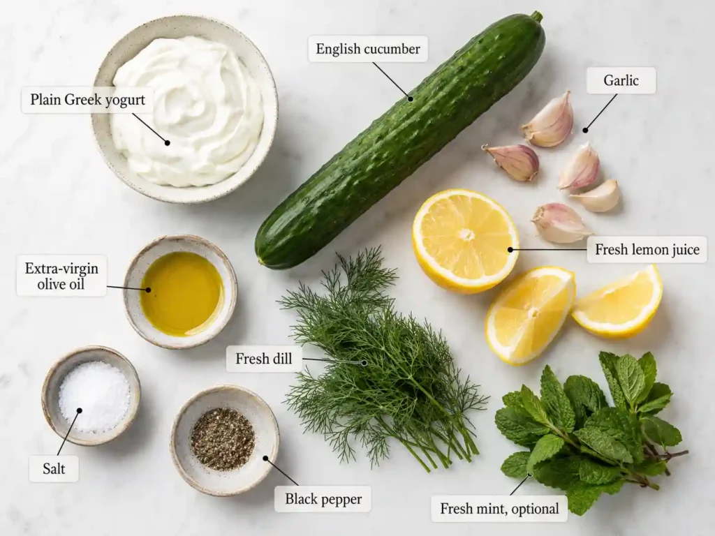 Labeled ingredients for tzatziki sauce including Greek yogurt, English cucumber, garlic, lemon juice, olive oil, dill, mint, salt, and black pepper.