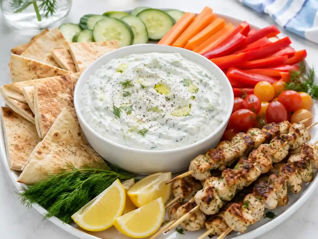 Tzatziki sauce served with pita, cucumber slices, carrots, bell peppers, cherry tomatoes, lemon, dill, and grilled chicken skewers.