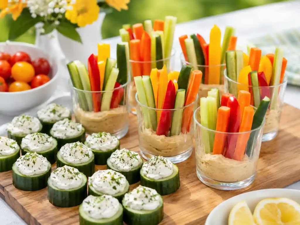 Veggie cups with hummus and cucumber bites for cold appetizers for summer parties