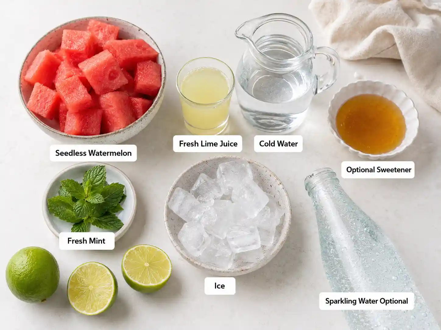 watermelon-drink-ingredients-labeled Labeled ingredients for watermelon drink including seedless watermelon, lime juice, cold water, optional sweetener, mint, ice, and sparkling water.