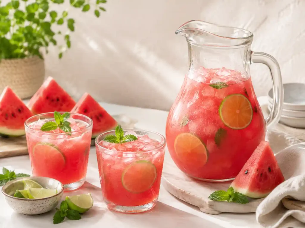 Pitcher of watermelon drink with glasses, ice, lime, mint, and watermelon slices for a summer party.