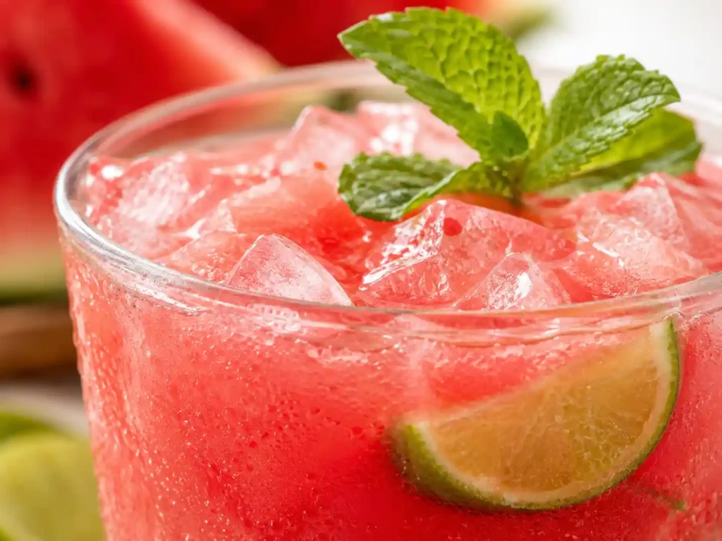 Close-up of fresh watermelon drink over ice showing condensation, lime, mint, and a smooth pink texture.