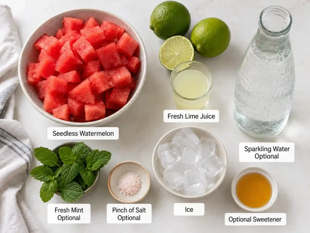 Labeled ingredients for watermelon juice including seedless watermelon, fresh lime juice, ice, mint, salt, sparkling water, and optional sweetener.