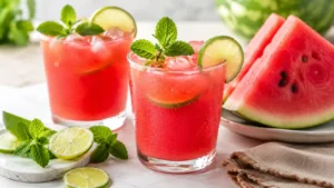Fresh watermelon juice with lime served over ice in clear glasses with mint and watermelon wedges.