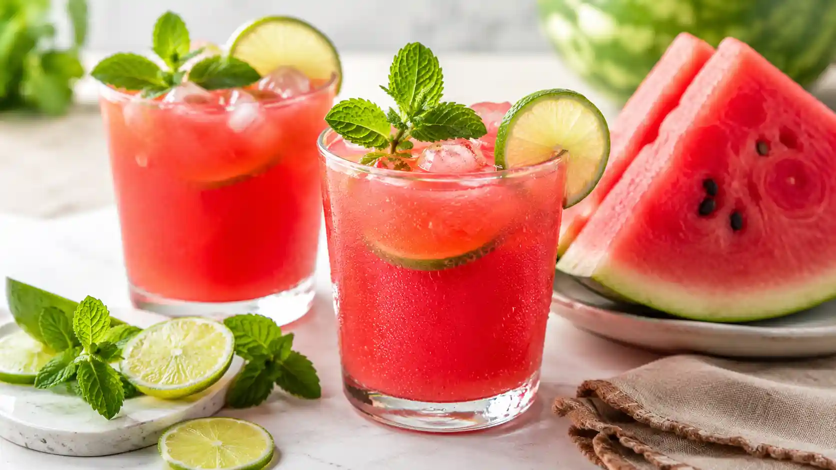 Fresh watermelon juice with lime served over ice in clear glasses with mint and watermelon wedges.