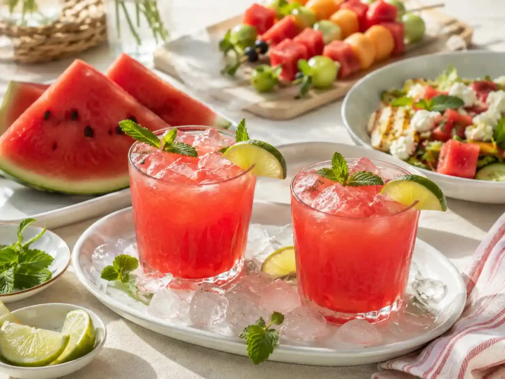 Watermelon juice served with summer fruit, lime, mint, and light picnic-style foods on a bright table.