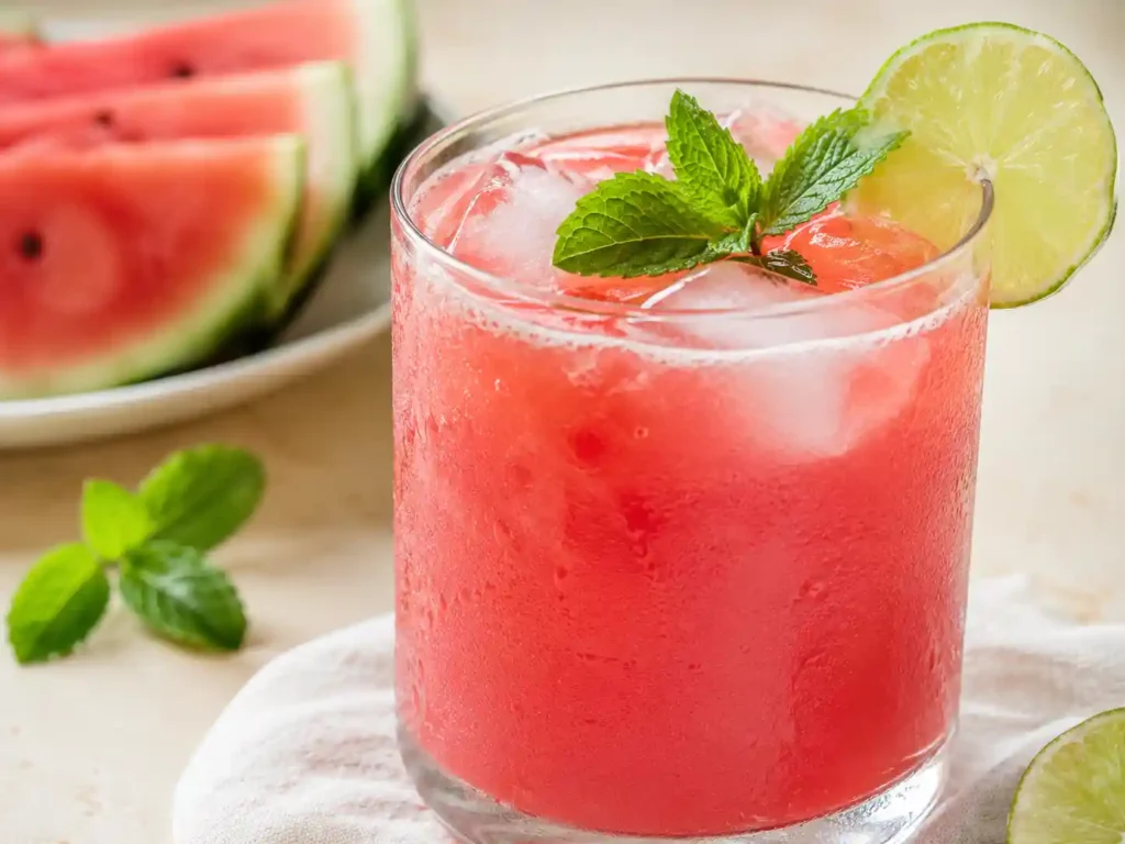 Close-up of fresh watermelon juice over ice with lime and mint showing a smooth pink texture and condensation.