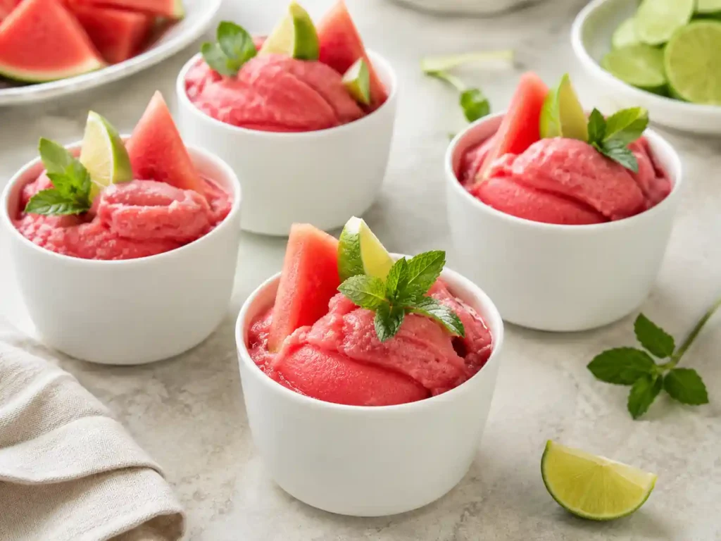 Small cups of pink watermelon sorbet with lime and mint on a bright summer dessert table.