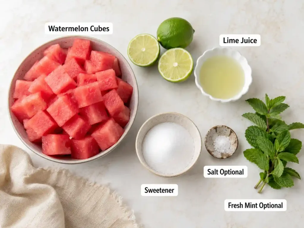 Labeled ingredients for watermelon sorbet including watermelon cubes, lime juice, sweetener, salt, and mint