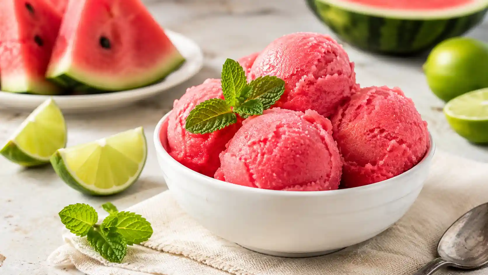 Bright pink watermelon sorbet in a white bowl with lime wedges and mint