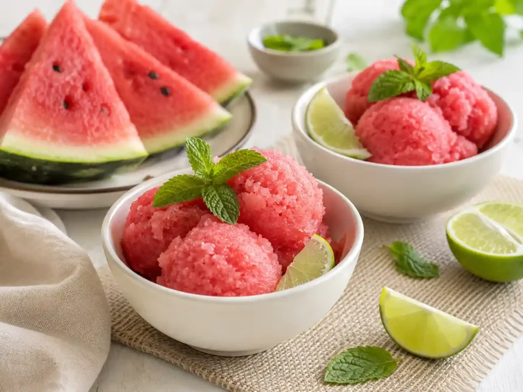 Watermelon sorbet served in small bowls with lime, mint, and watermelon slices