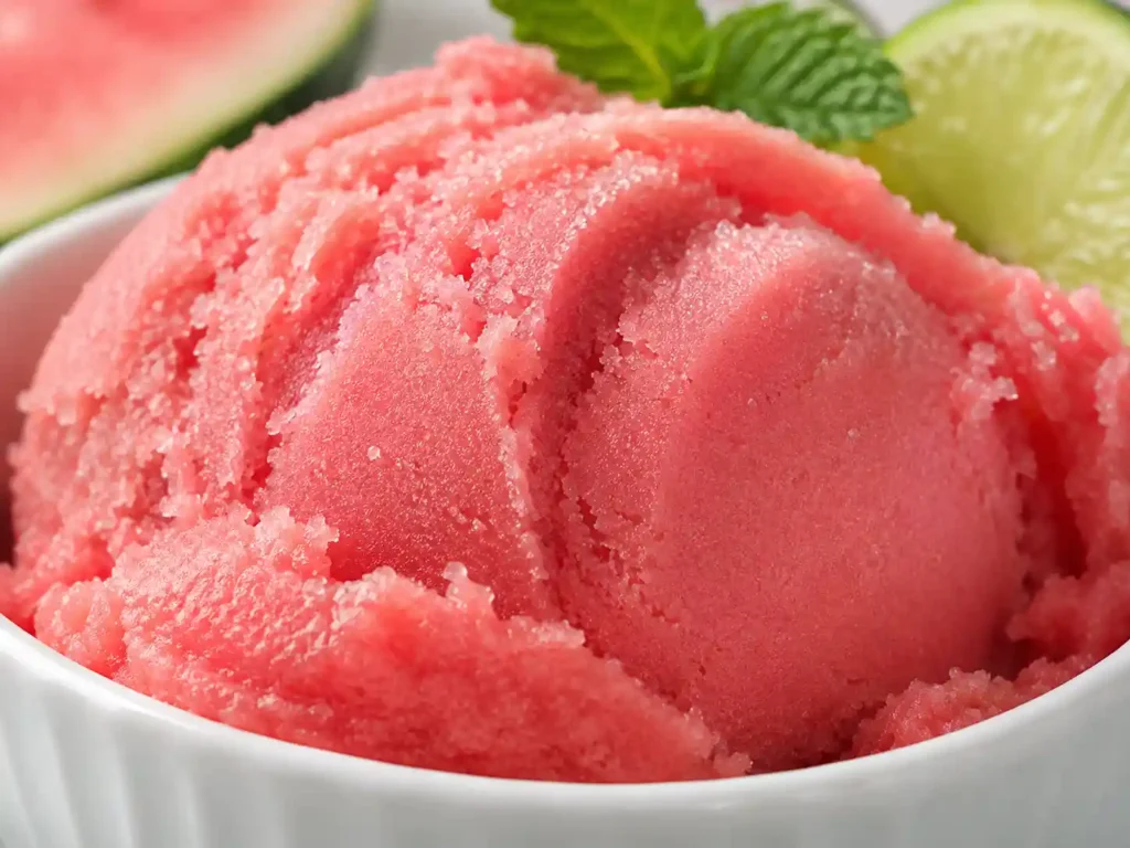 Close-up of smooth pink watermelon sorbet with a scoop showing frozen texture